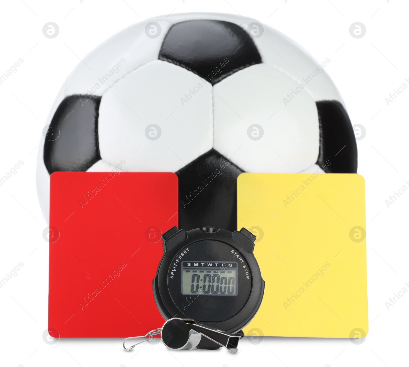 Photo of Referee equipment. Soccer ball, whistle, stopwatch and cards isolated on white