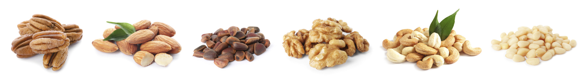 Image of Set of different nuts on white background. Banner design