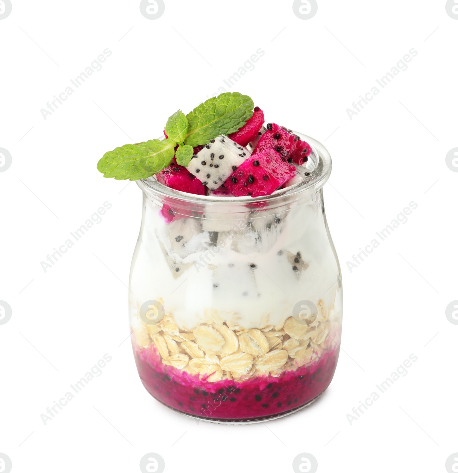 Photo of Glass jar of granola with different pitahayas, yogurt and mint isolated on white