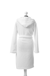 Photo of Soft clean bathrobe on white background, back view