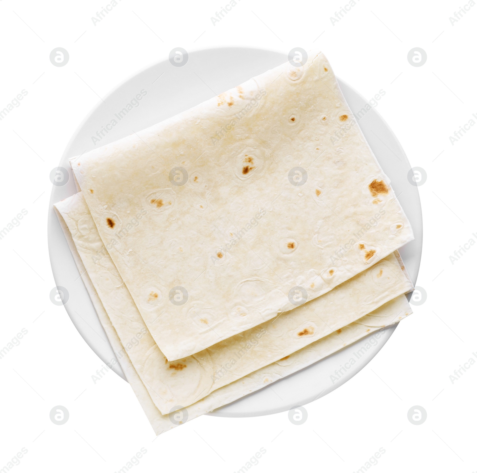 Photo of Plate with delicious Armenian lavash on white background, top view