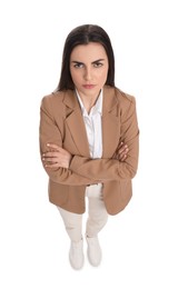 Photo of Beautiful young businesswoman crossing arms on white background, above view