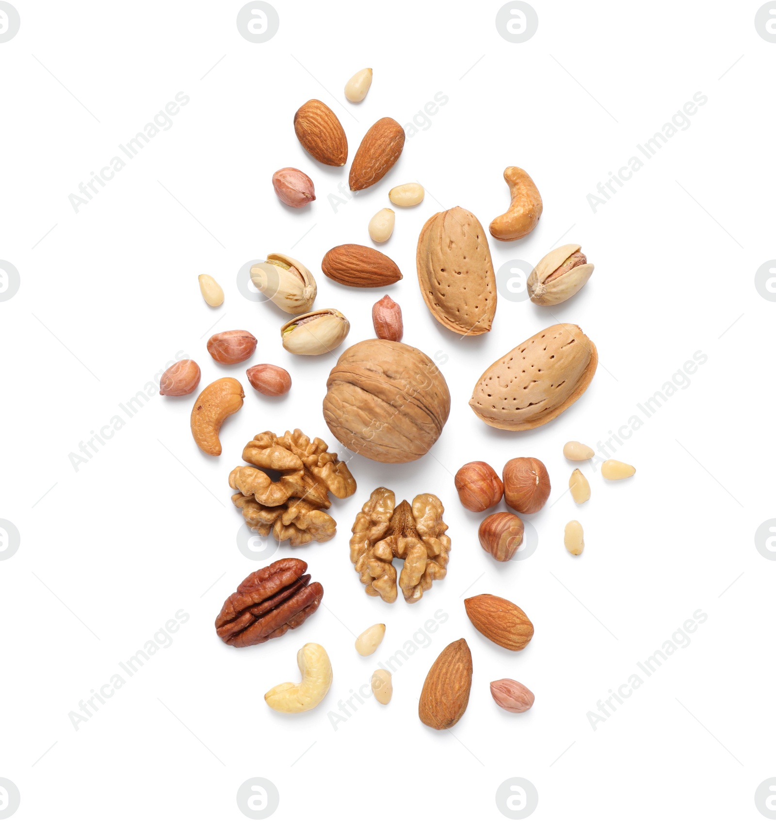 Photo of Different delicious nuts on white background, flat lay