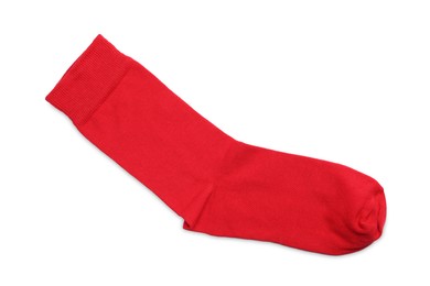 Photo of New red sock isolated on white, top view