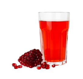 Photo of Refreshing pomegranate juice in glass and seeds isolated on white