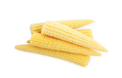 Fresh baby corn cobs on white background, top view