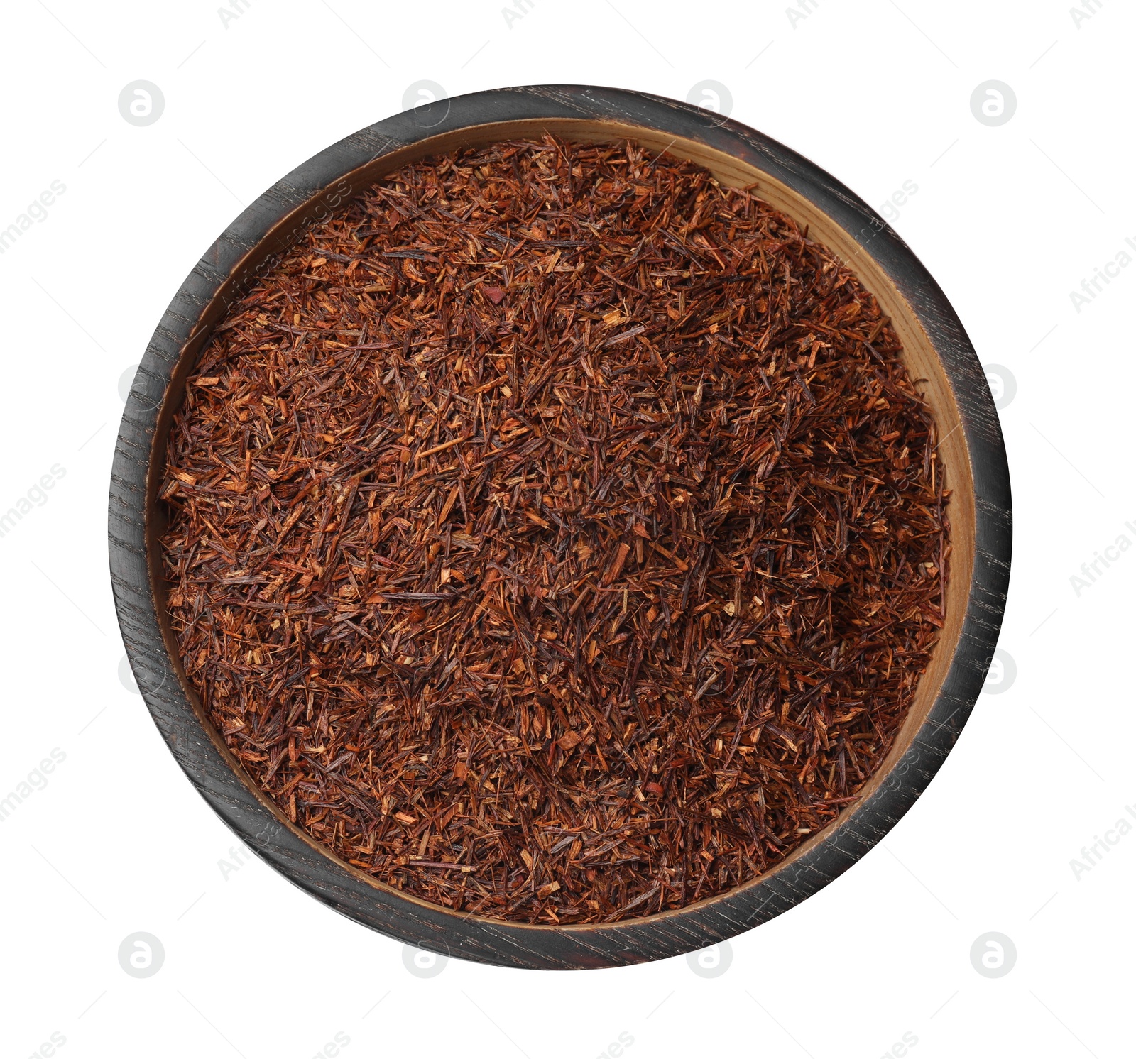 Photo of Rooibos tea in bowl isolated on white, top view