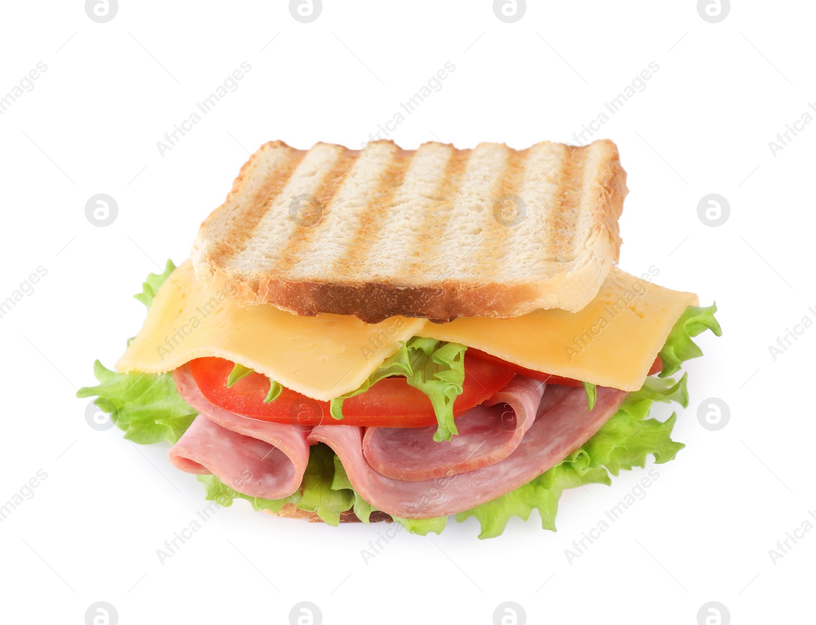 Photo of Tasty sandwich with ham isolated on white