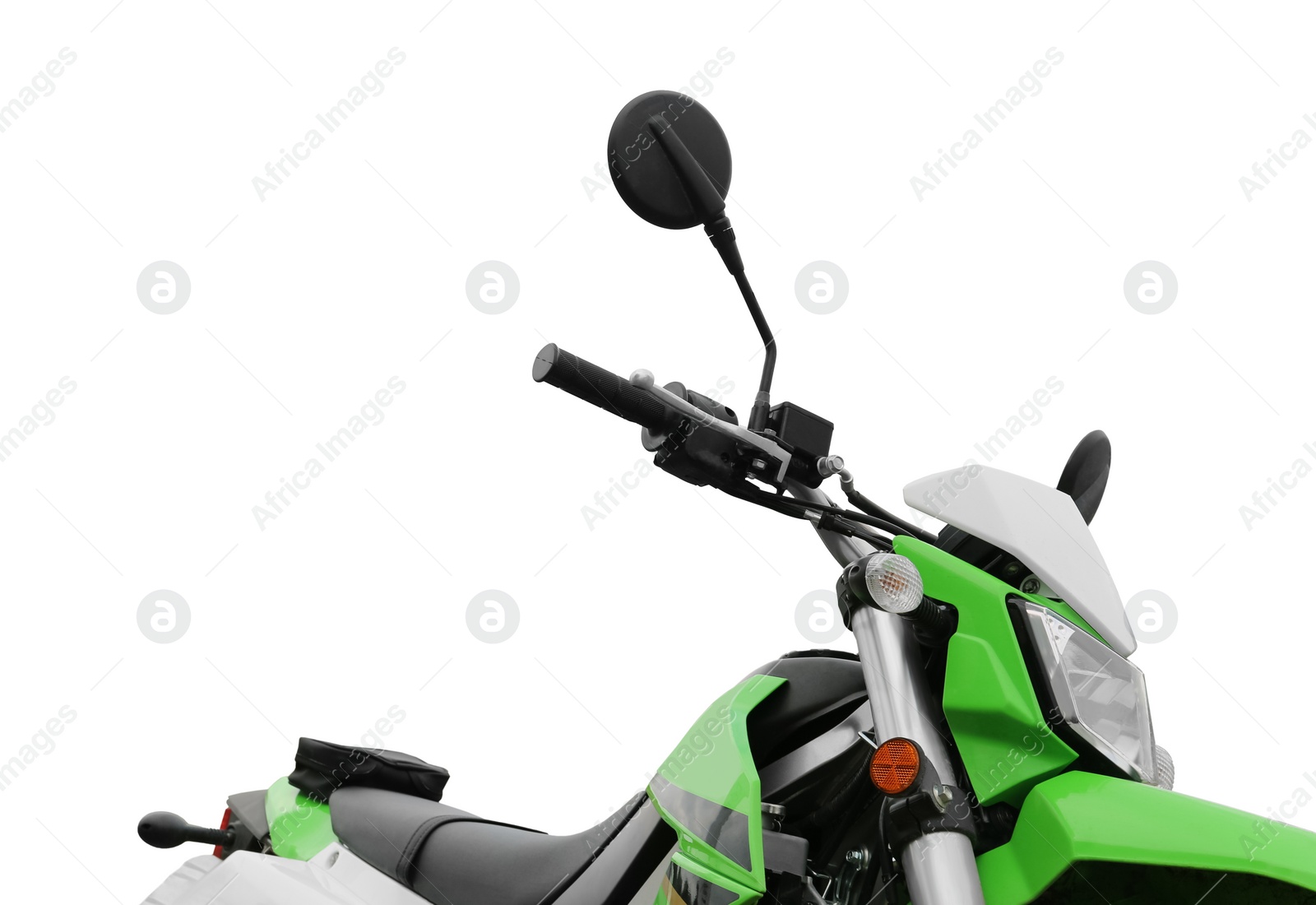 Image of Stylish green cross motorcycle on white background