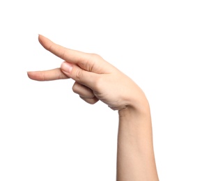 Photo of Woman showing P letter on white background, closeup. Sign language