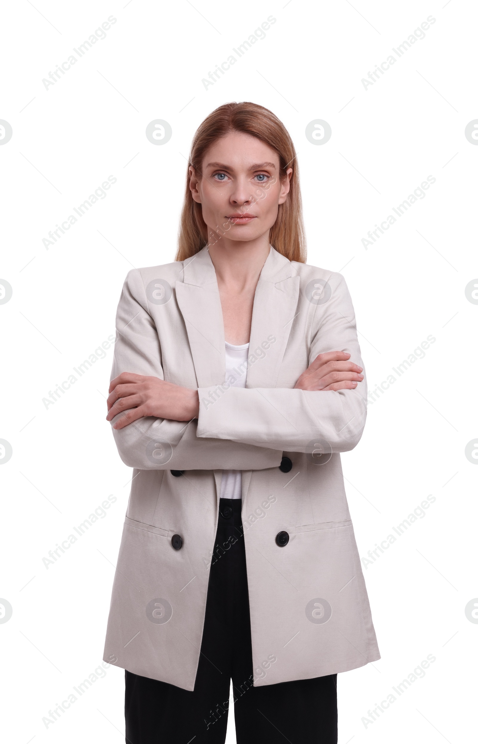 Photo of Beautiful businesswoman crossing arms on white background