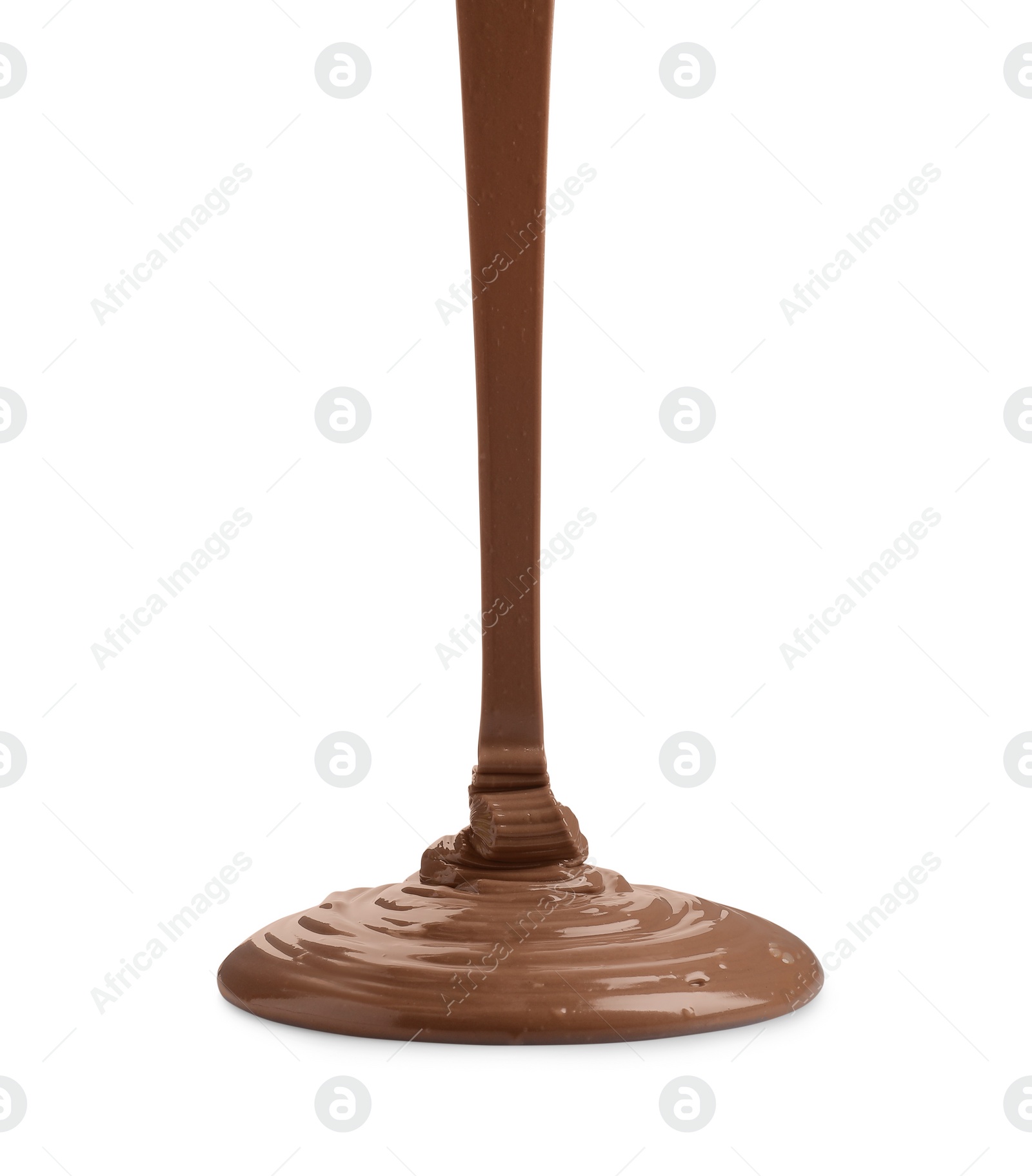 Photo of Pouring tasty melted milk chocolate isolated on white