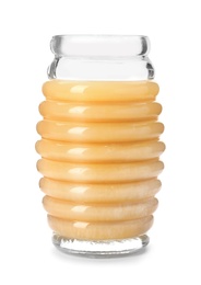 Jar with delicious honey on white background