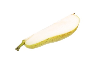 Photo of Piece of ripe pear on white background