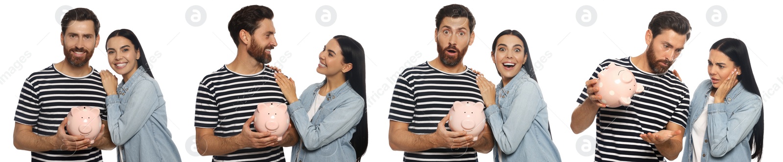 Image of Collage with photos of people holding ceramic piggy banks on white background. Banner design