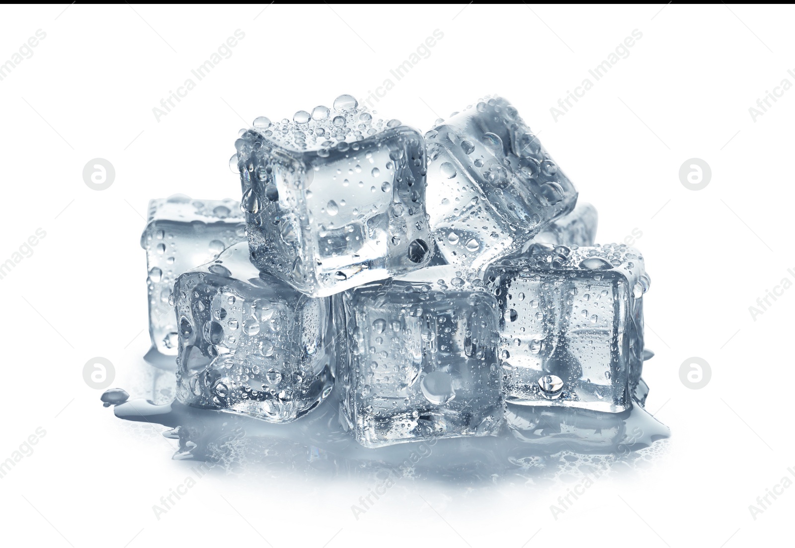 Photo of Pile of crystal clear ice cubes on white background