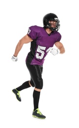 American football player wearing uniform on white background