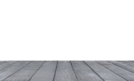 Photo of Empty grey wooden surface isolated on white