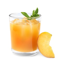 Photo of Delicious refreshing peach cocktail in glass and fresh fruit on white background