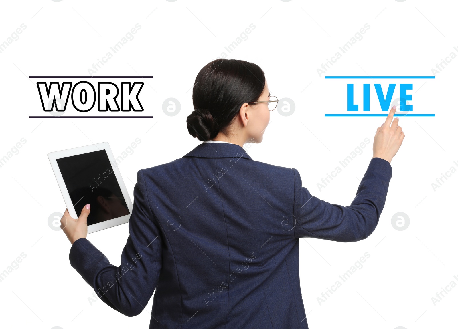 Image of Young businesswoman on white background. Concept of balance between life and work 