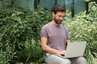 Photo of Handsome man with laptop in green garden