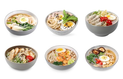 Bowls of delicious ramen with different ingredients isolated on white, set. Noodle soup