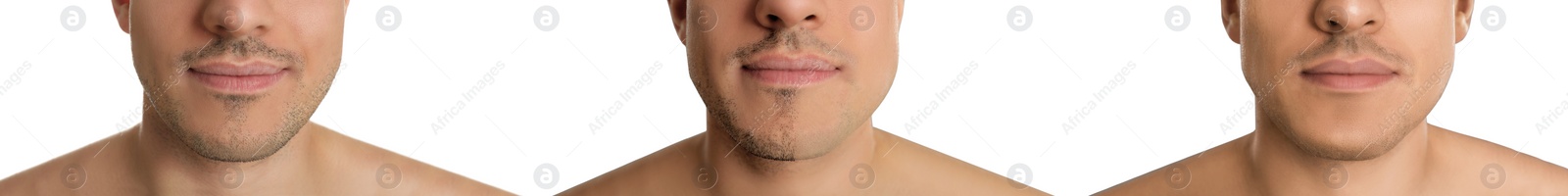 Image of Collage with photos of handsome man before and after shaving on white background, closeup. Banner design 