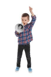 Photo of Cute funny boy with megaphone on white background