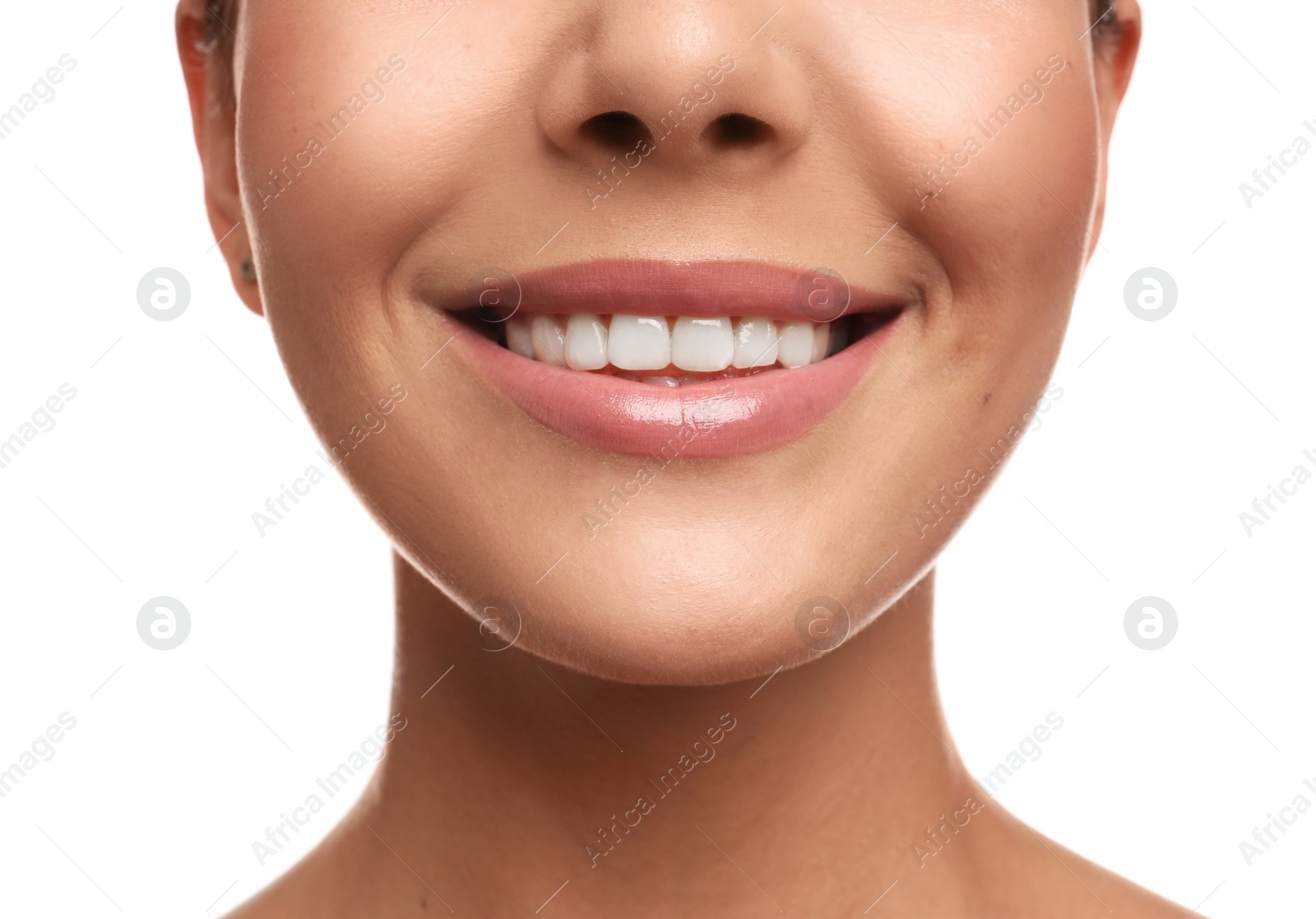 Photo of Young woman with beautiful smile on white background, closeup. Cosmetic dentistry