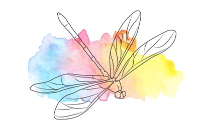 Illustration of Silhouette of dragonfly and watercolor paint on white background