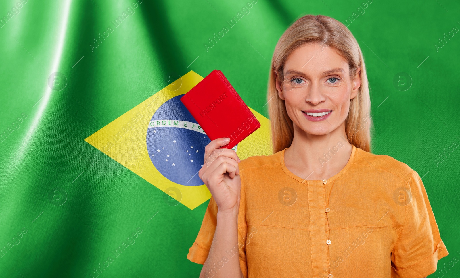 Image of Immigration. Happy woman with passport against national flag of Brazil, space for text. Banner design