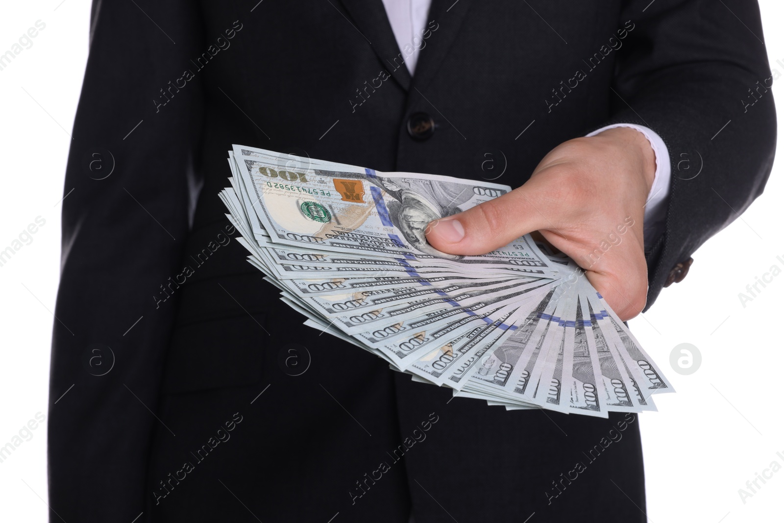 Photo of Money exchange. Man holding dollar banknotes on white background, closeup