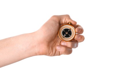 Photo of Man holding compass on white background, closeup