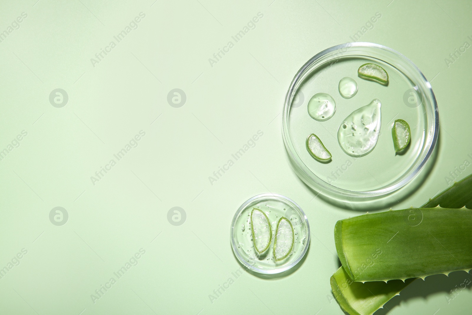 Photo of Cut aloe vera and drops of cosmetic gel on light green background, flat lay. Space for text