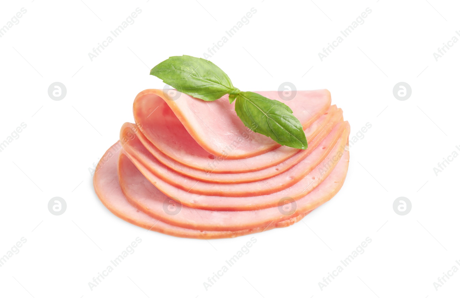 Photo of Slices of tasty fresh ham with basil isolated on white