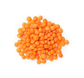 Pile of raw red lentils isolated on white, top view