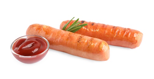 Delicious grilled sausages and sauce on white background. Barbecue food