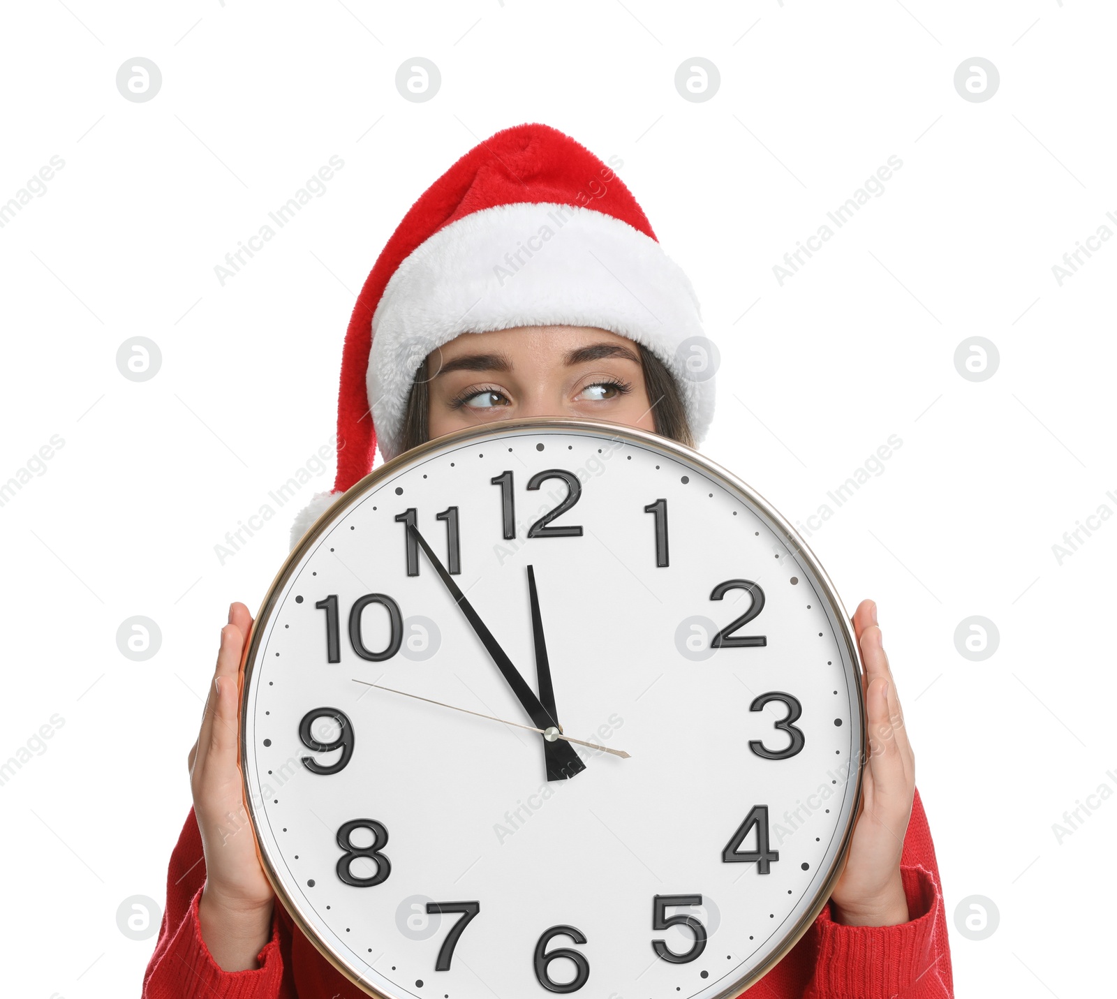 Photo of Woman in Santa hat with clock on white background. Christmas countdown