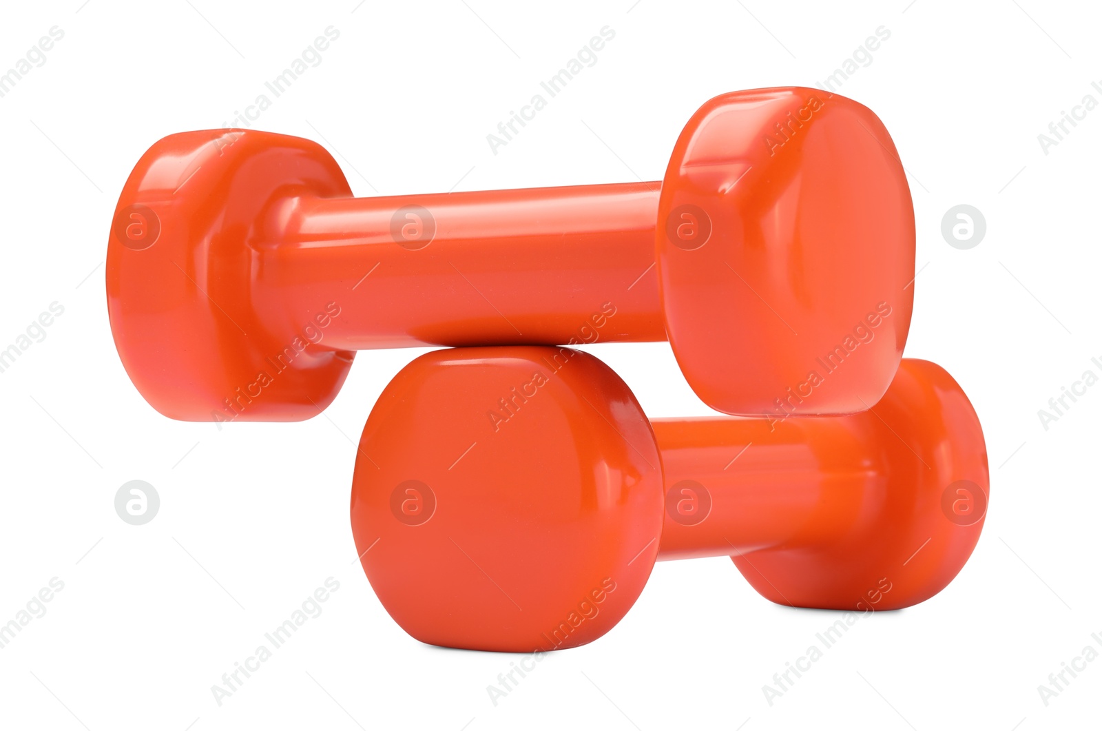 Photo of Orange dumbbells isolated on white. Sports equipment