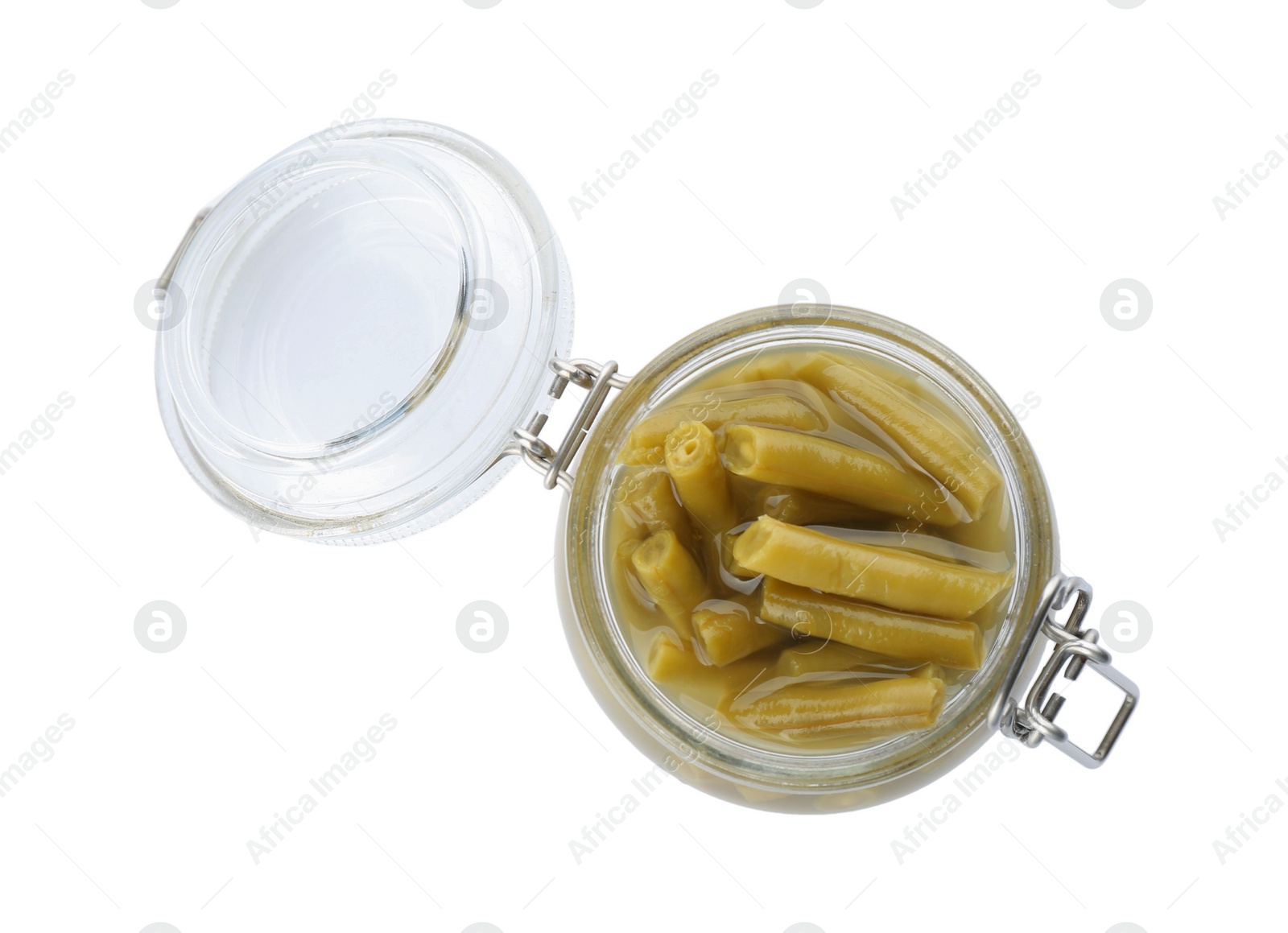 Photo of Canned green beans in jar isolated on white, top view