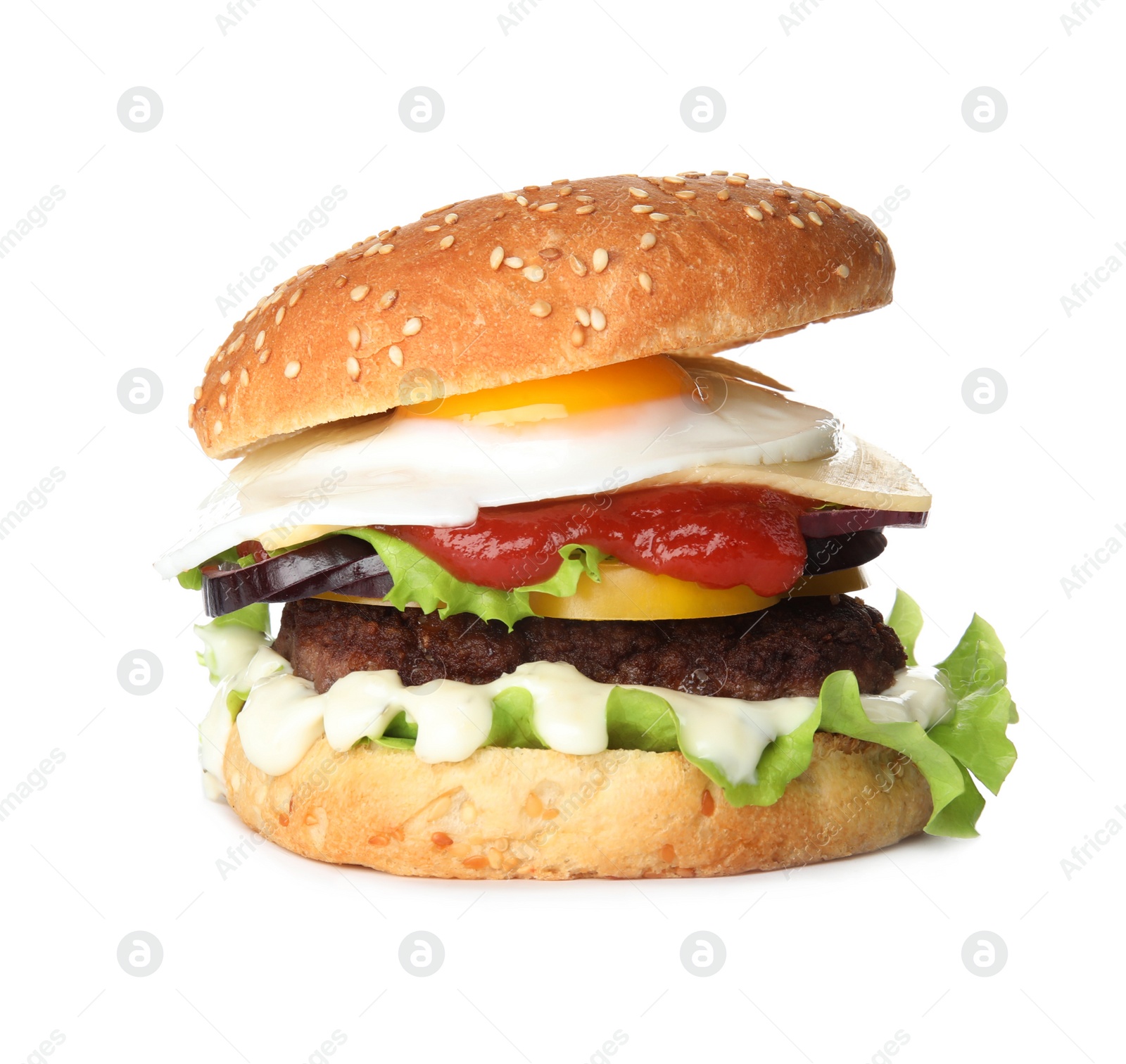 Photo of Tasty burger with fried egg on white background