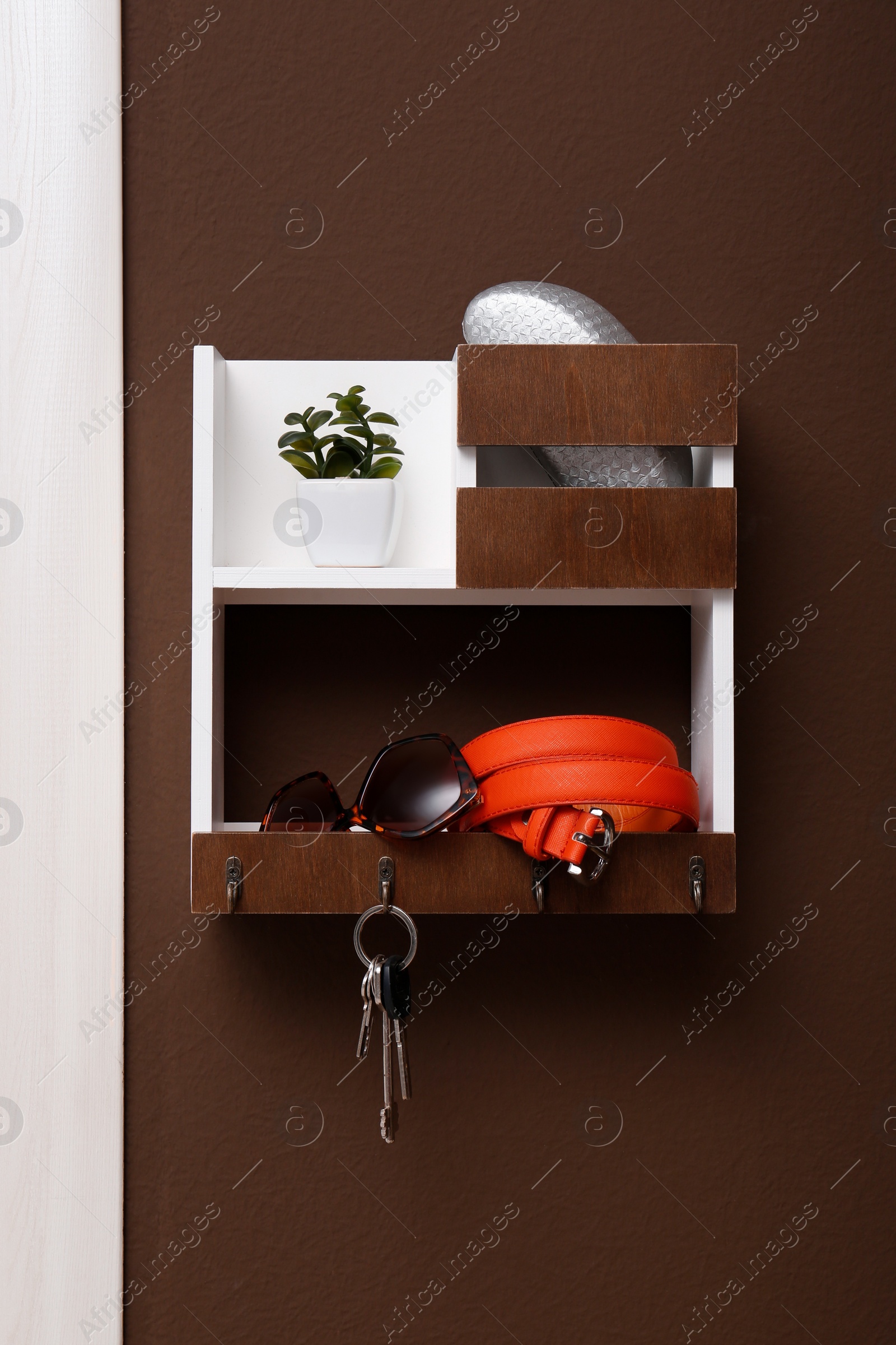 Photo of Stylish hanger for keys on brown wall in hallway