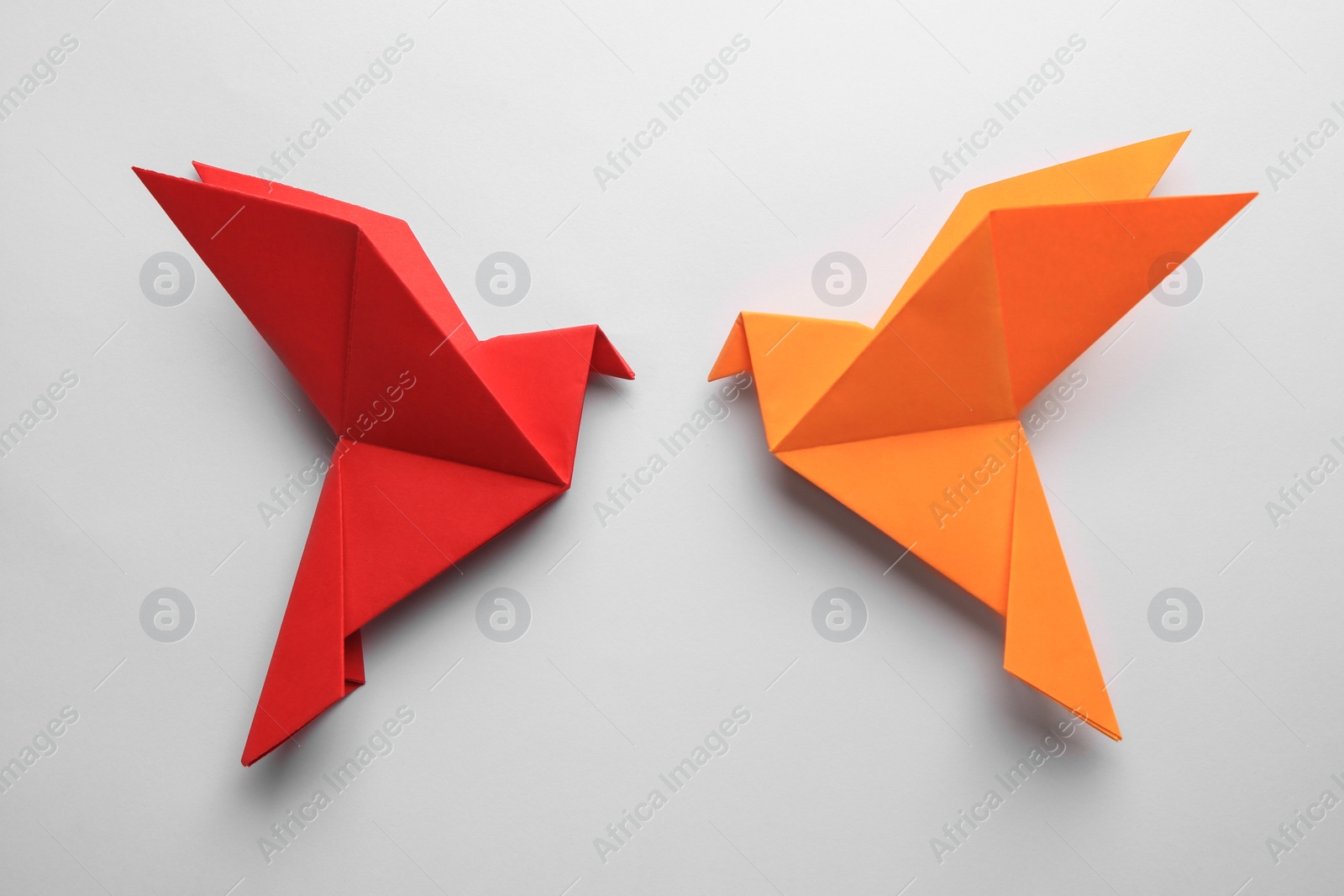 Photo of Origami art. Colorful handmade paper birds on white background, flat lay