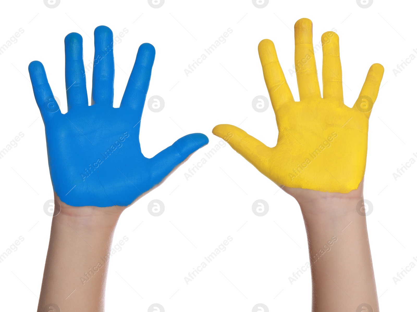 Photo of Little girl with hands painted in Ukrainian flag colors on white background, closeup. Love Ukraine concept