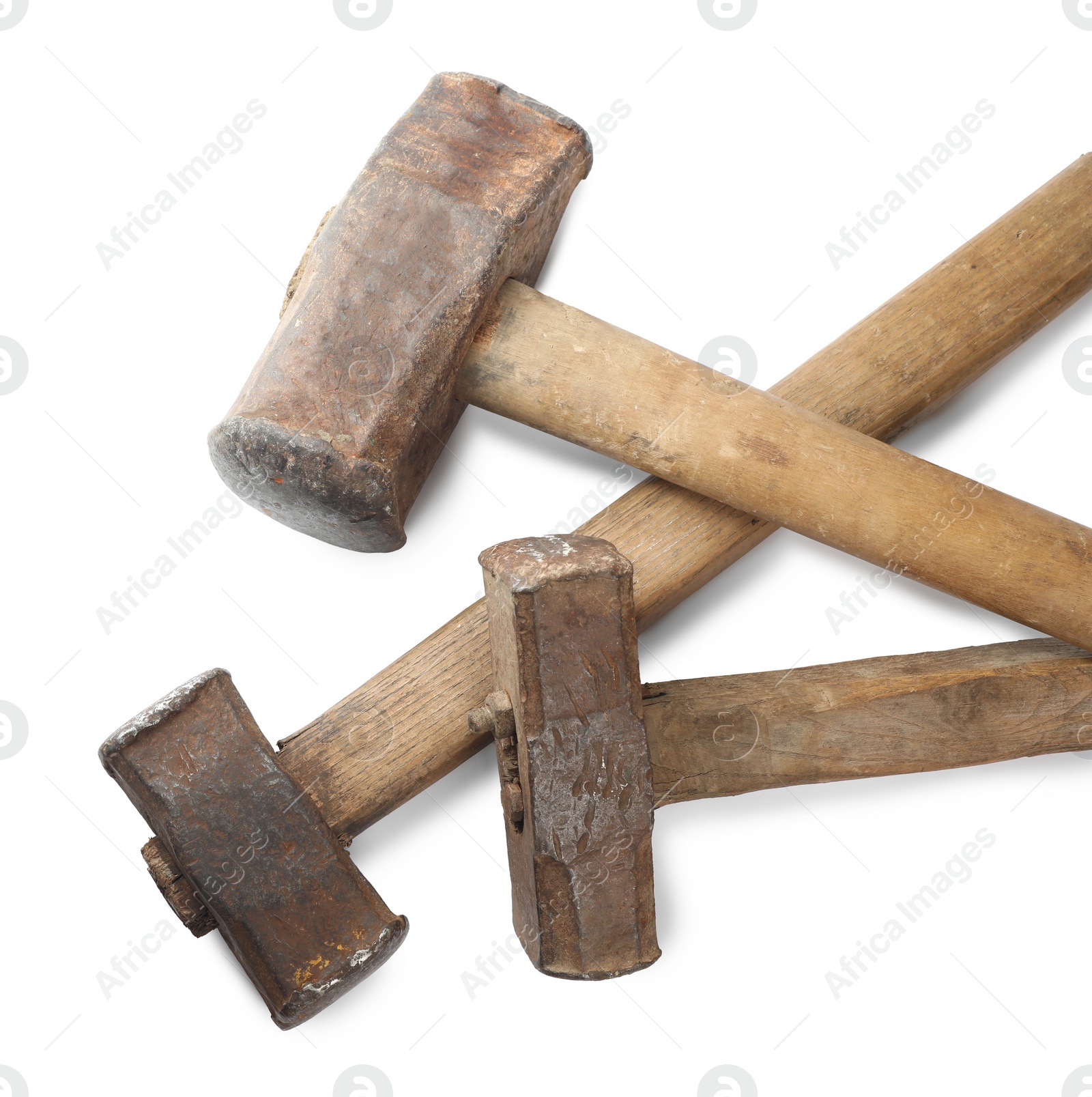 Photo of Set of sledgehammers isolated on white, top view. Manual tool