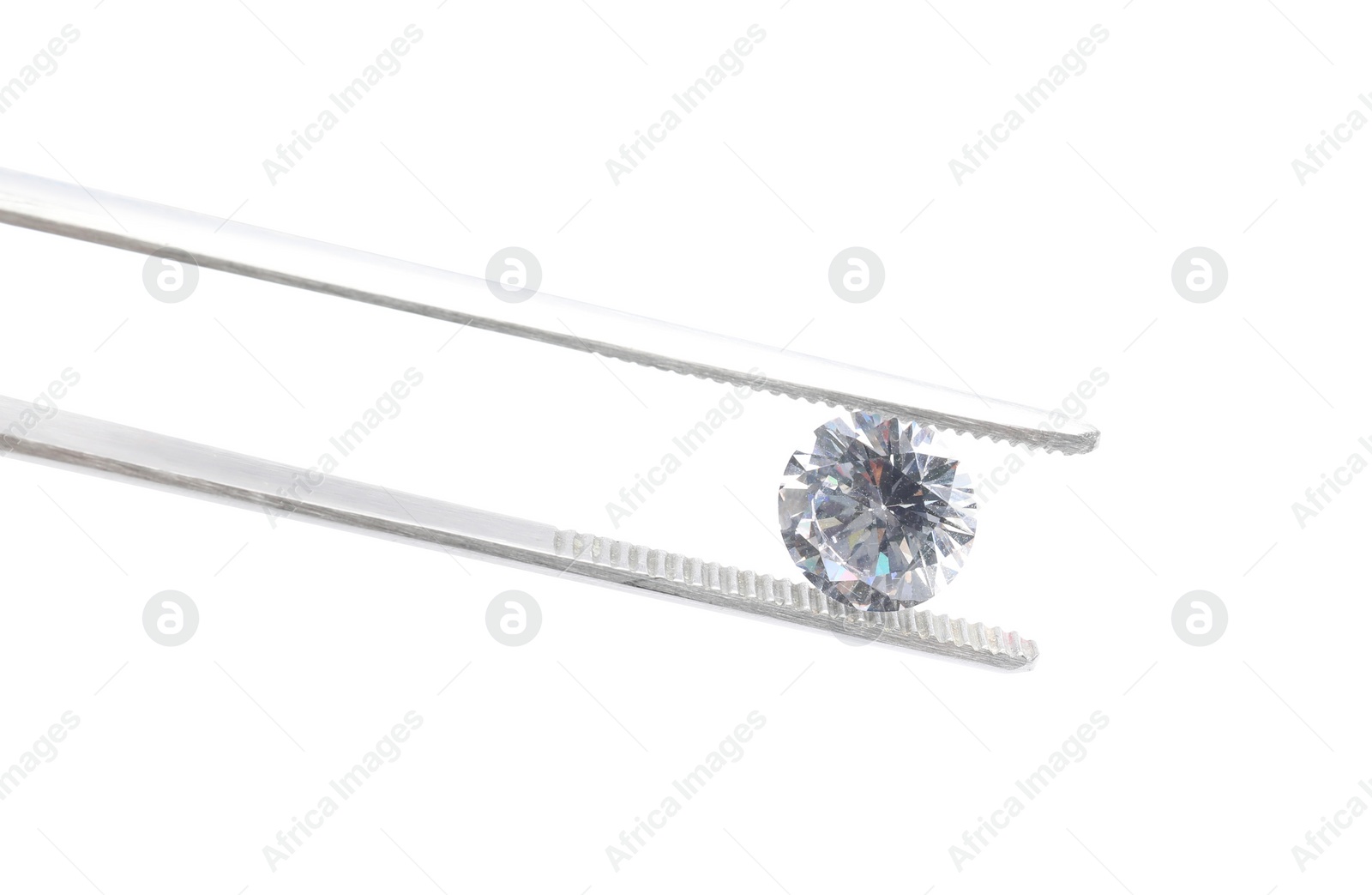 Photo of Tweezers with beautiful shiny diamond isolated on white