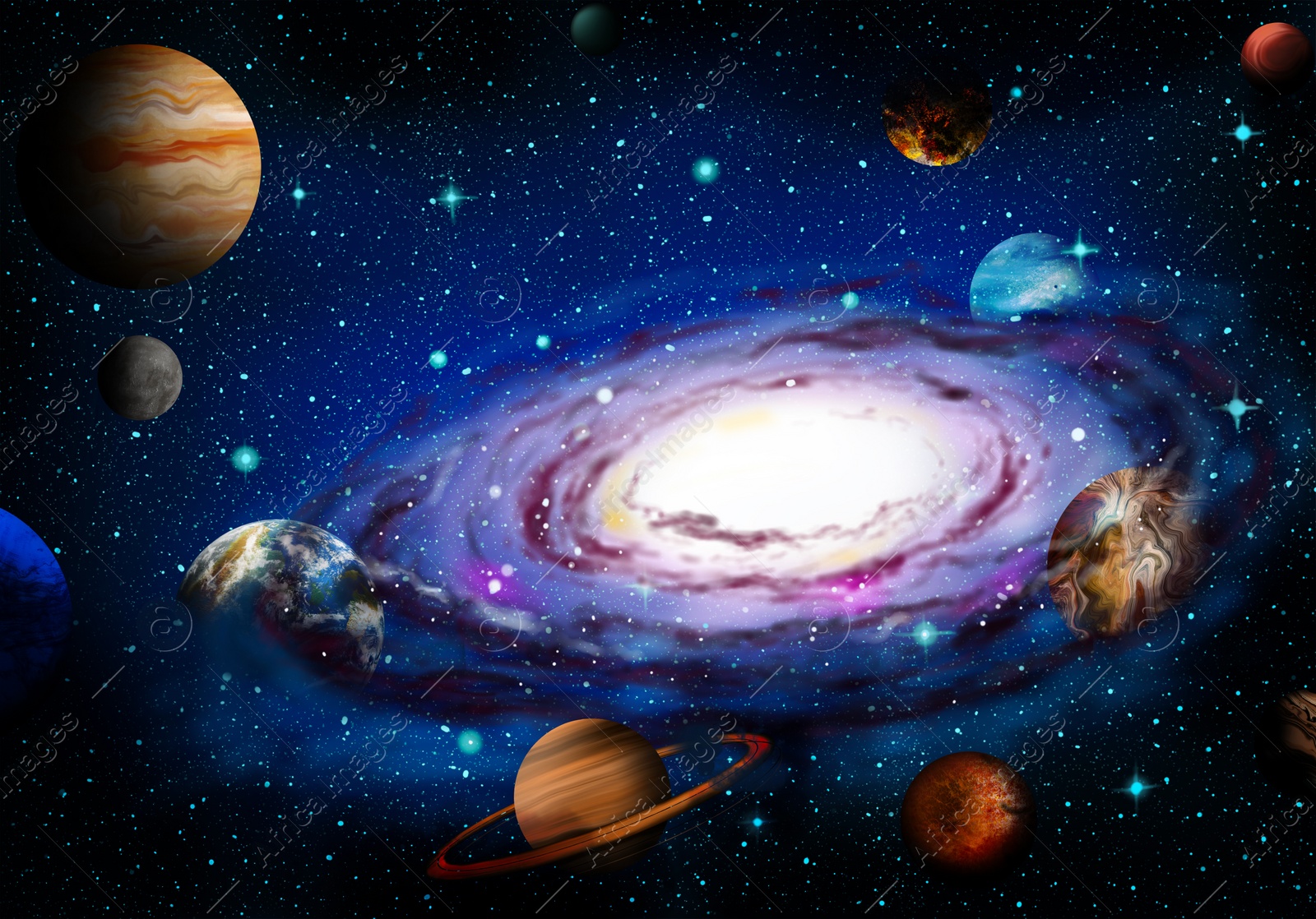 Illustration of Galaxy with stars and planets, illustration. Fantasy world