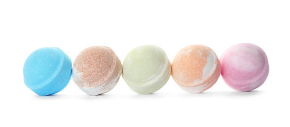 Photo of Bath bombs on white background. Spa products