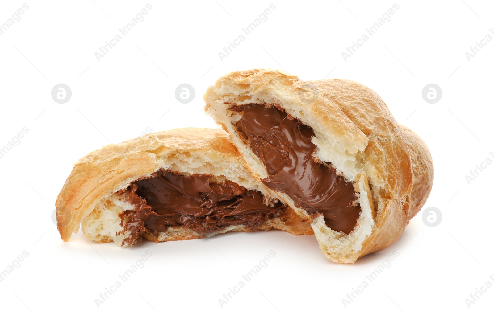 Photo of Tasty croissant with chocolate on white background