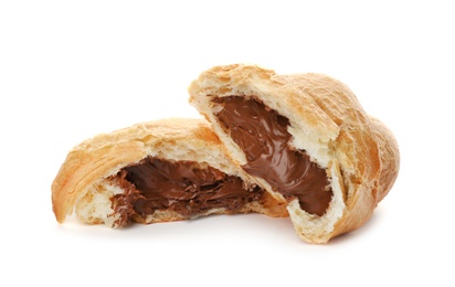 Photo of Tasty croissant with chocolate on white background